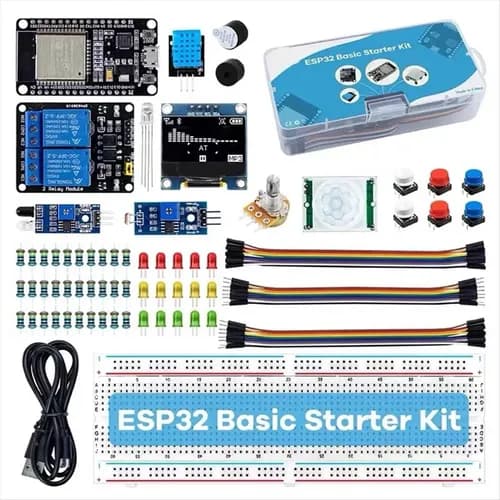 Kit de desenvolvimento com placa ESP32 e componentes eletrônicos