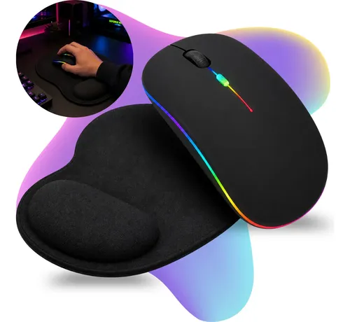 Kit com mouse RGB sem fio e mouse pad ergonômico preto