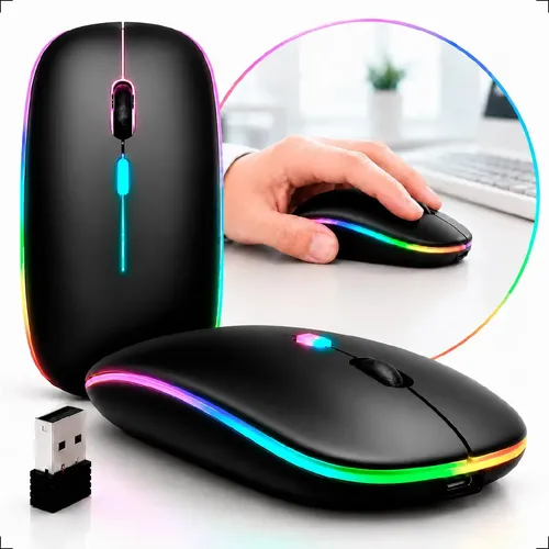 Mouse sem fio recarregável preto com iluminação RGB
